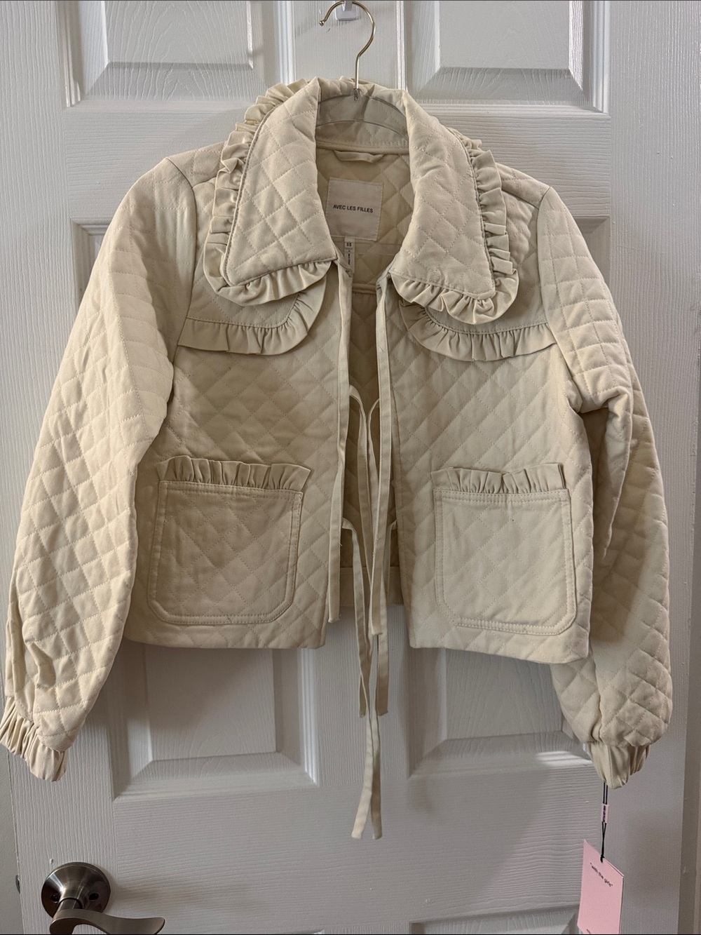 Avec Les Filles Cream Quilted Ruffle Collar Jacket